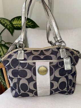 Coach Denim Signature Canvas Stripe Pocket Blue Gray Tote Shoulder Purse #F17948